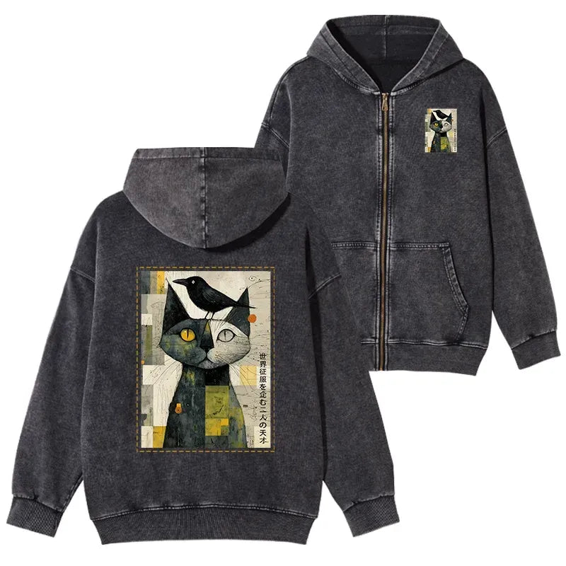 Kyoto-Lion The Cat And The Crow Are Planning To Rule The World Washed Zip Hoodie