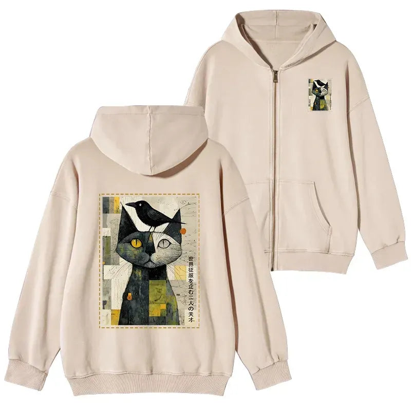 Cat and Crow Zip Hoodie for Streetwear