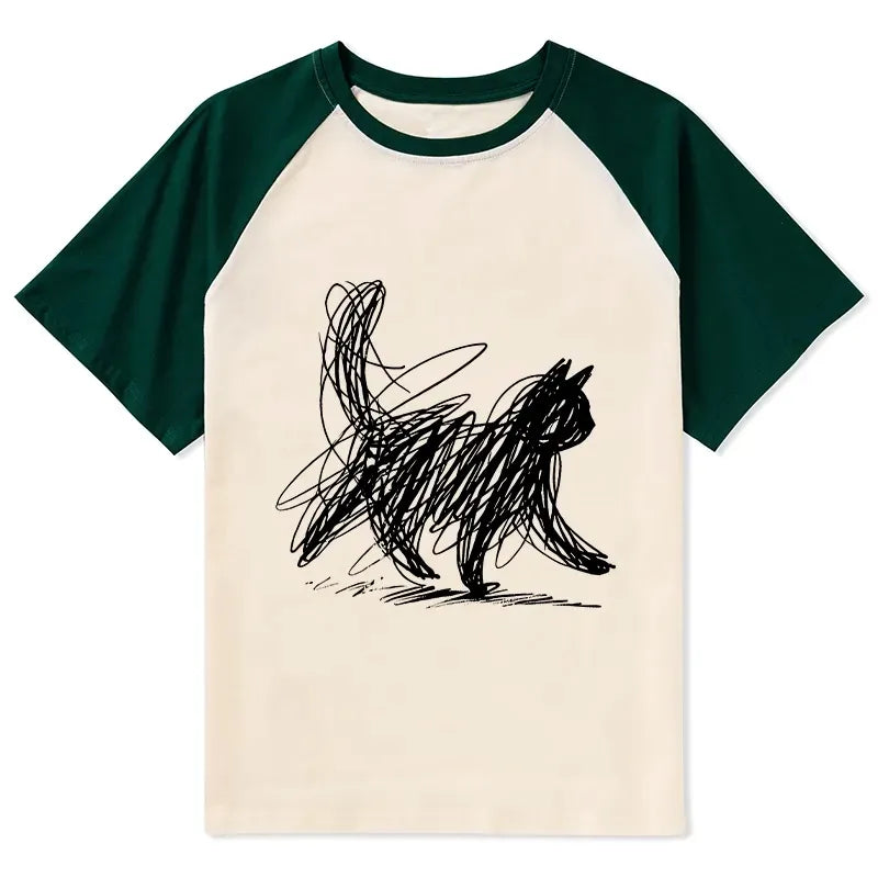 Kyoto-Lion Minimalist Cat Art Raglan T-shirt