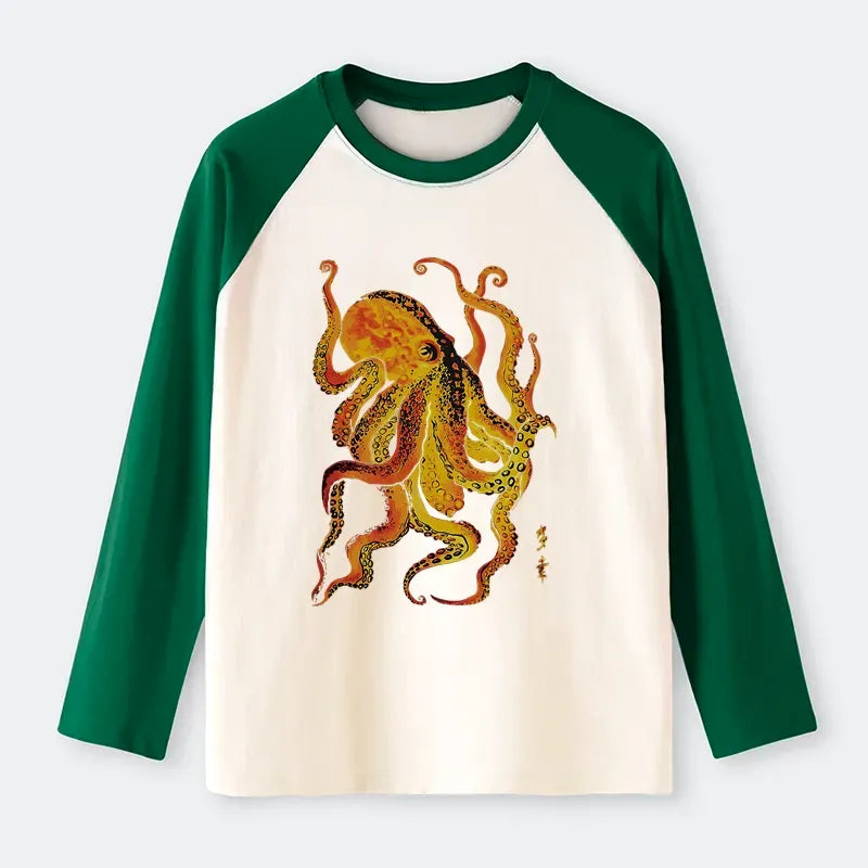 Kyoto-Lion Deep Sea Gorgeous Octopus Raglan Long Sleeve T-shirt