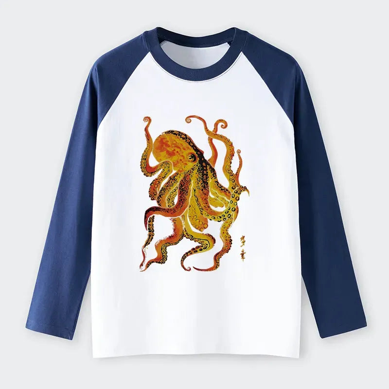Kyoto-Lion Deep Sea Gorgeous Octopus Raglan Long Sleeve T-shirt