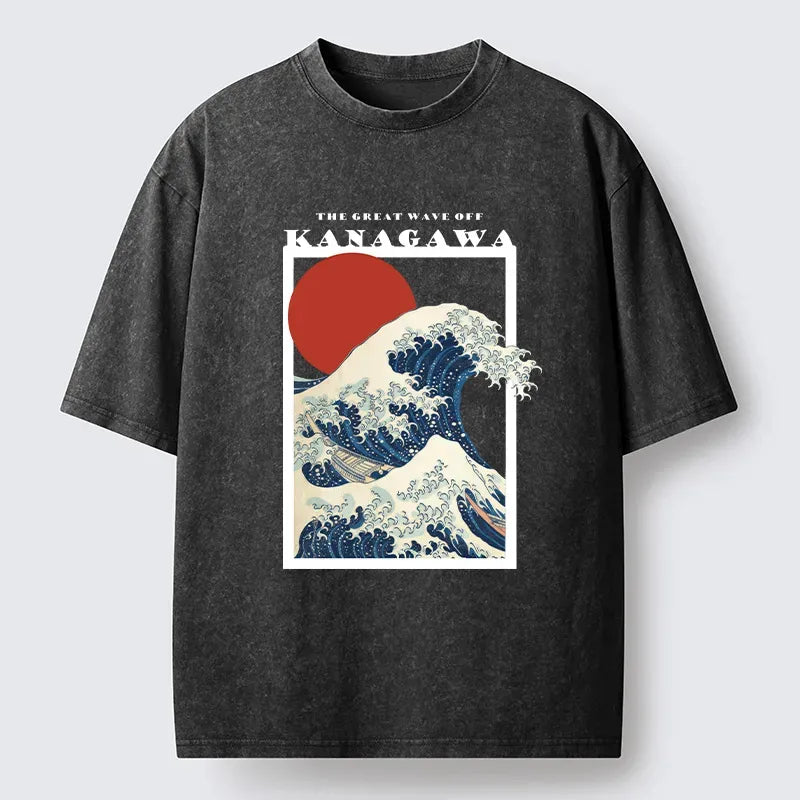 Kyoto-Lion Minimalist Ukiyo-e Waves Washed T-Shirt