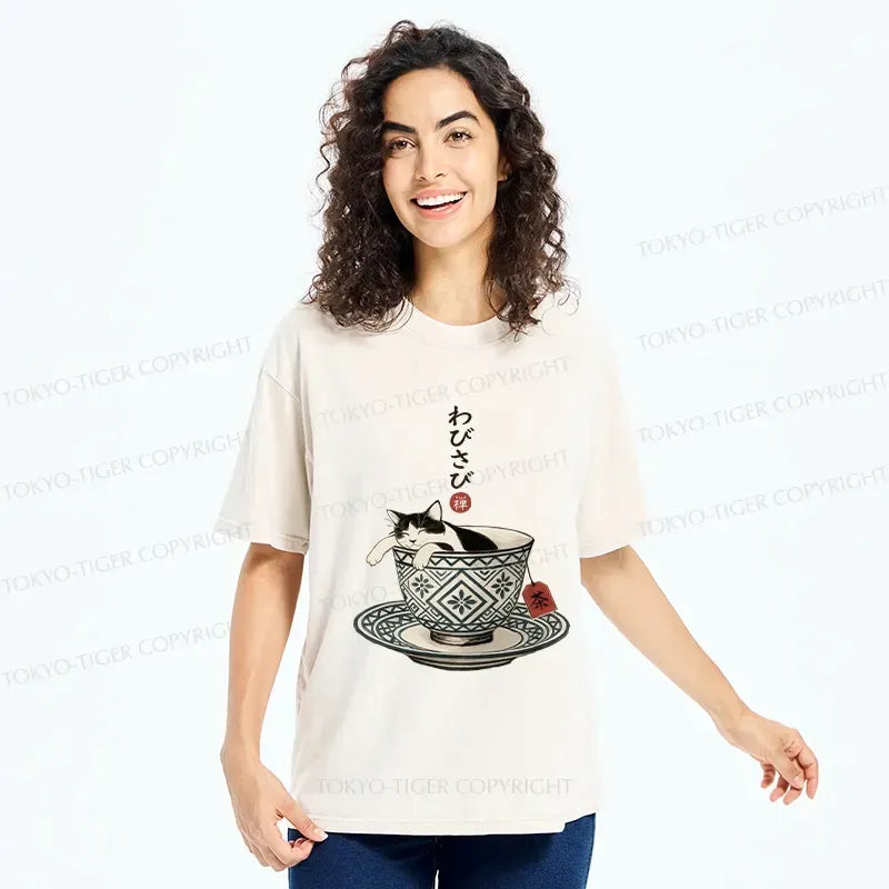 Cozy Cat in Teacup Washed T-Shirt for Daily Wear