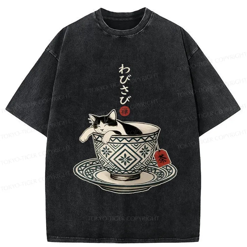Kyoto-Lion A Cozy Cat In A Teacup Washed T-Shirt