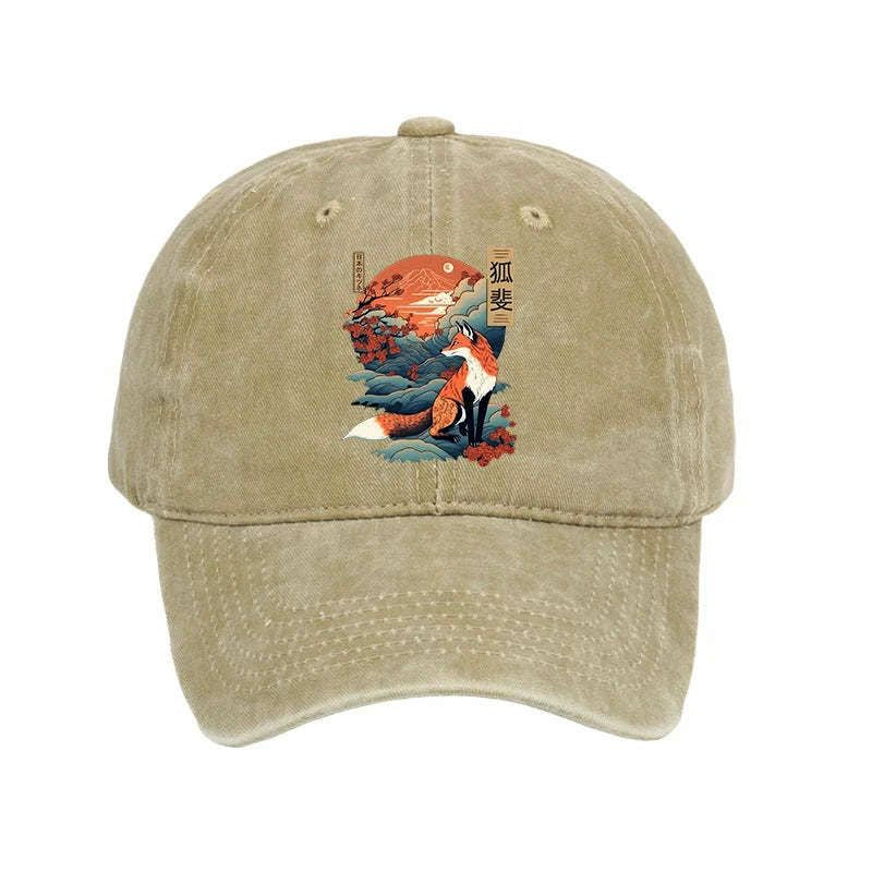 Kyoto-Lion Japanese Kitsune Fox Sakura Washed Cap