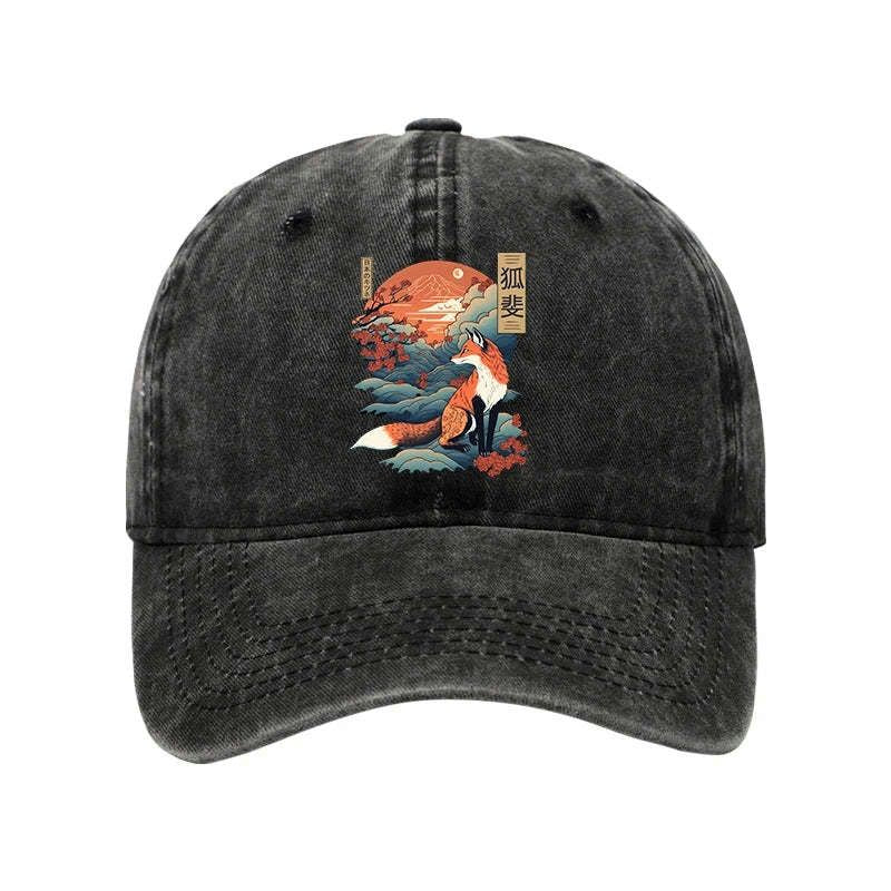 Kyoto-Lion Japanese Kitsune Fox Sakura Washed Cap