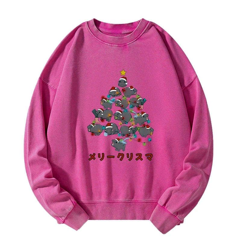 Kyoto-Lion Moo Deng Christmas Tree Japanese Washed Sweatshirt