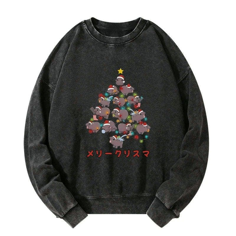 Kyoto-Lion Moo Deng Christmas Tree Japanese Washed Sweatshirt