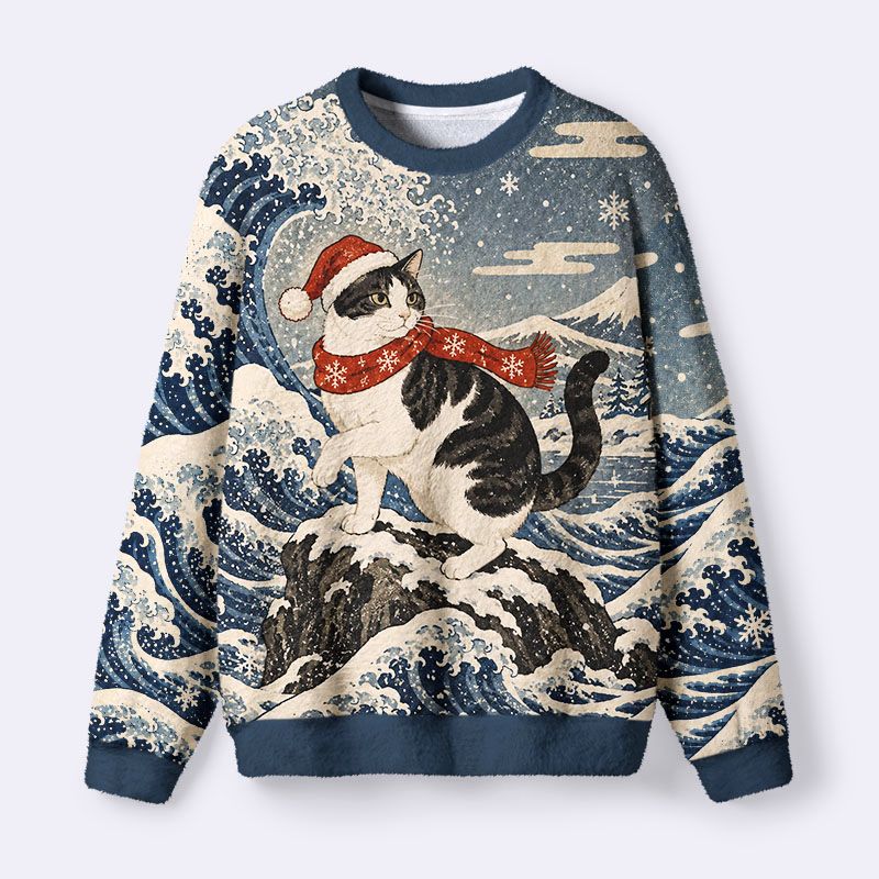 Kyoto-Lion Winter Wave Cat Fuzzy Christmas Ugly Sweatshirt