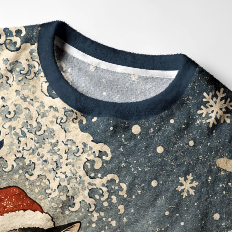 Kyoto-Lion Winter Wave Cat Fuzzy Christmas Ugly Sweatshirt
