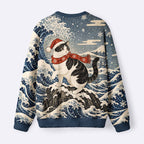 Kyoto-Lion Winter Wave Cat Fuzzy Christmas Ugly Sweatshirt