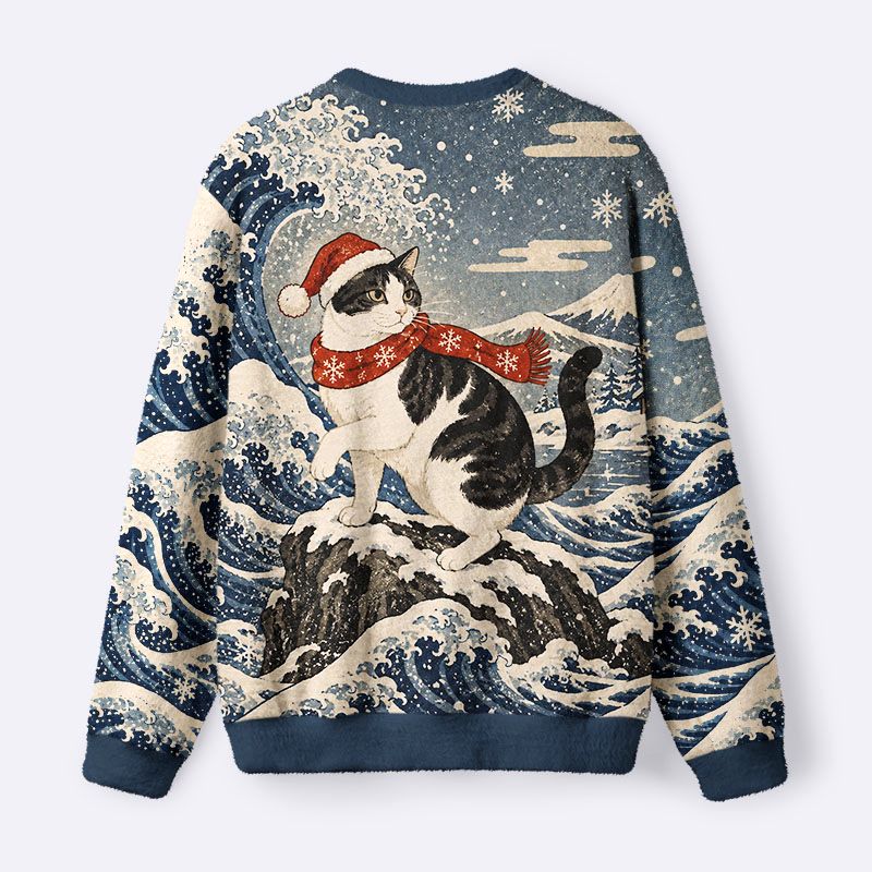 Kyoto-Lion Winter Wave Cat Fuzzy Christmas Ugly Sweatshirt