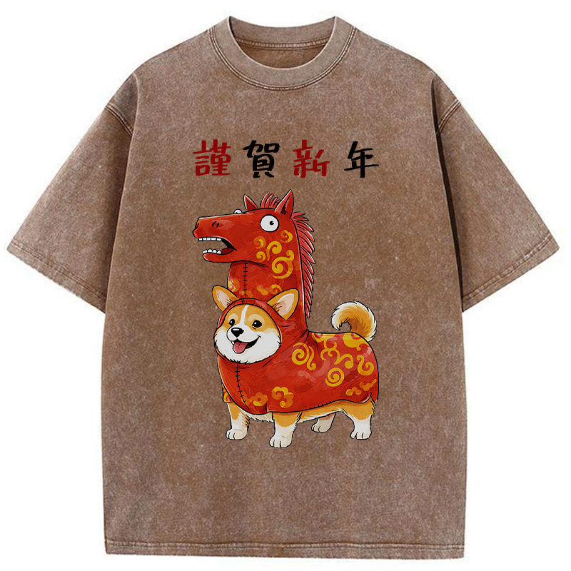 Kyoto-Lion New Year Corgi Washed T-Shirt