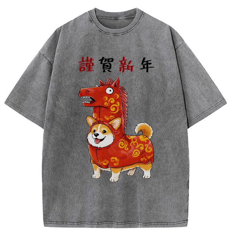 Kyoto-Lion New Year Corgi Washed T-Shirt