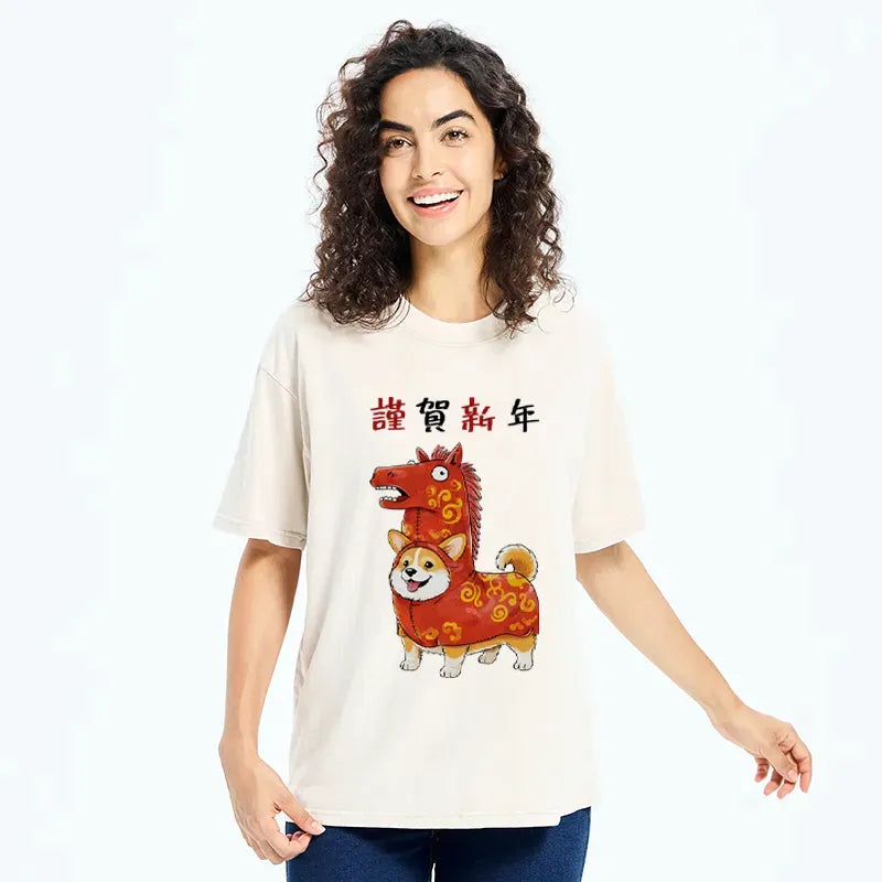 Kyoto-Lion New Year Corgi Washed T-Shirt