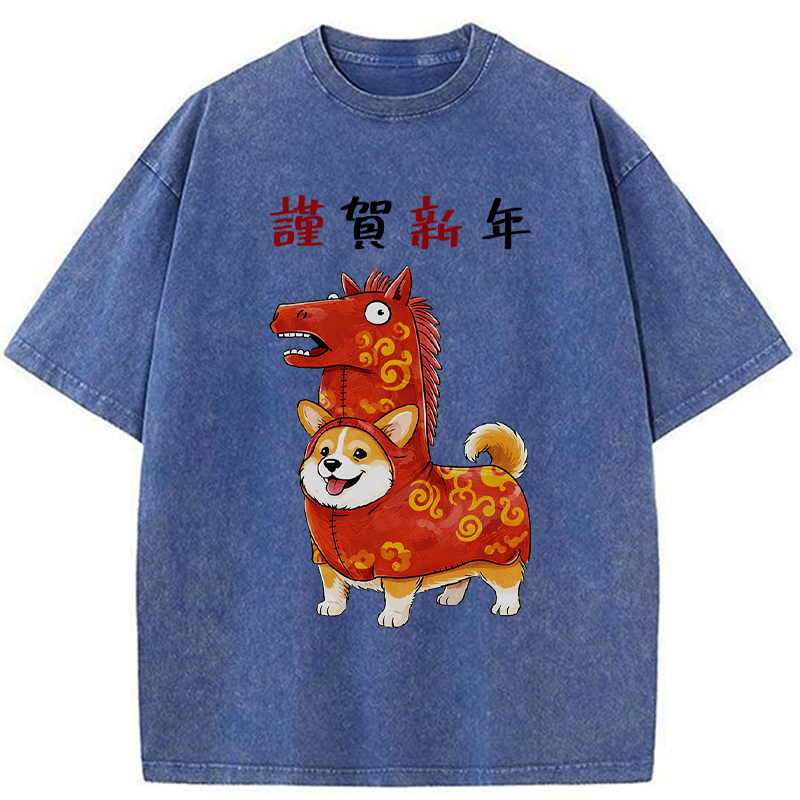 Kyoto-Lion New Year Corgi Washed T-Shirt