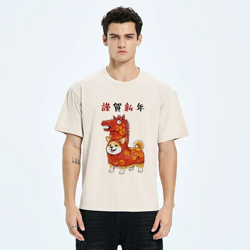 Kyoto-Lion New Year Corgi Washed T-Shirt
