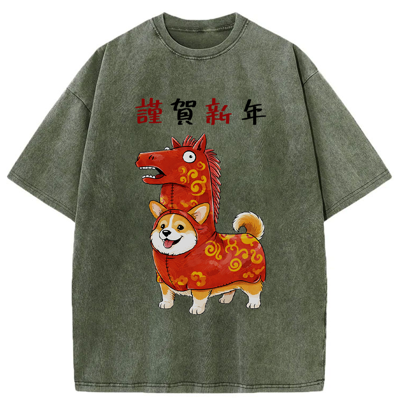 Kyoto-Lion New Year Corgi Washed T-Shirt