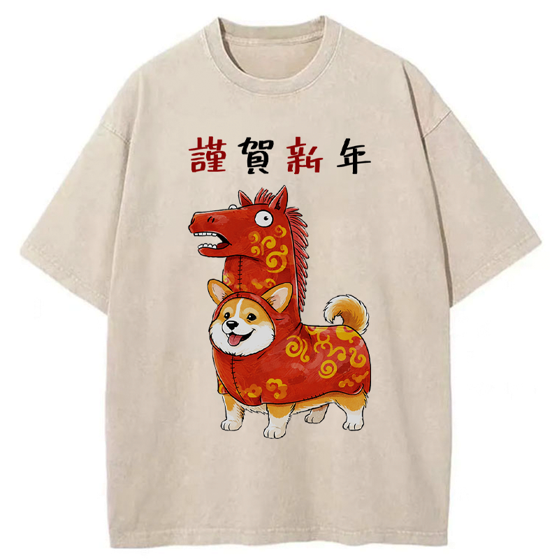 Corgi Washed T-Shirt for Daily Wear