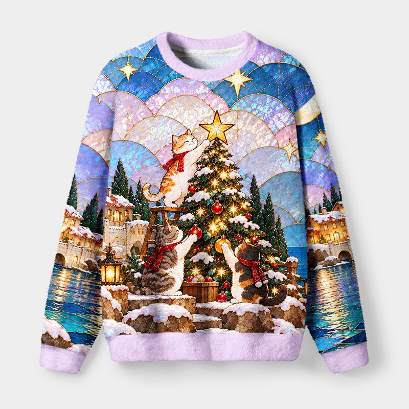 Kyoto-Lion Stained Glass Holiday Cats Fuzzy Christmas Ugly Sweatshirt