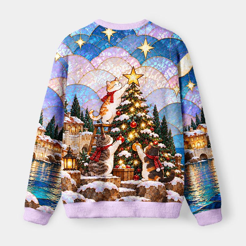 Kyoto-Lion Stained Glass Holiday Cats Fuzzy Christmas Ugly Sweatshirt