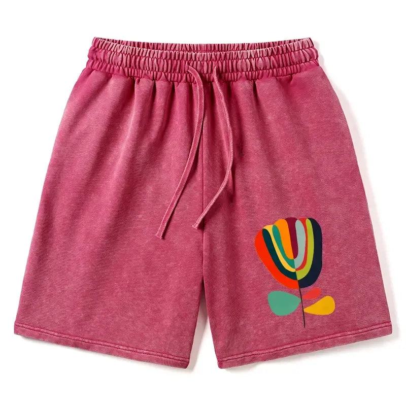 Kyoto-Lion Colorful Flower Minimalist Print Washed Shorts