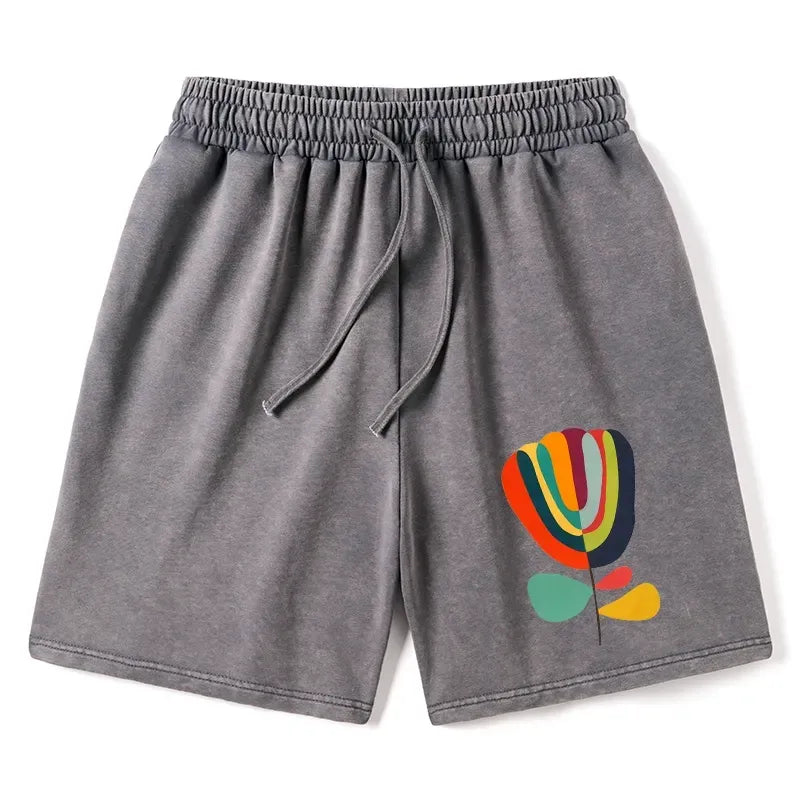 Kyoto-Lion Colorful Flower Minimalist Print Washed Shorts
