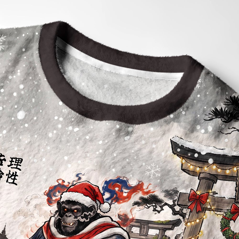 Kyoto-Lion Funny Japanese Ukiyo-e Samurai Gorilla Fuzzy Christmas Ugly Sweatshirt