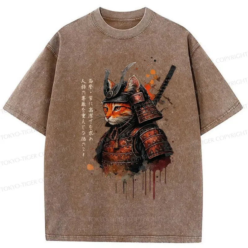 Kyoto-Lion Vintage Samurai Cat Washed T-Shirt