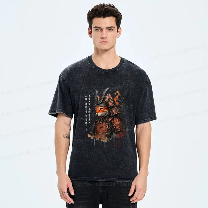 Kyoto-Lion Vintage Samurai Cat Washed T-Shirt