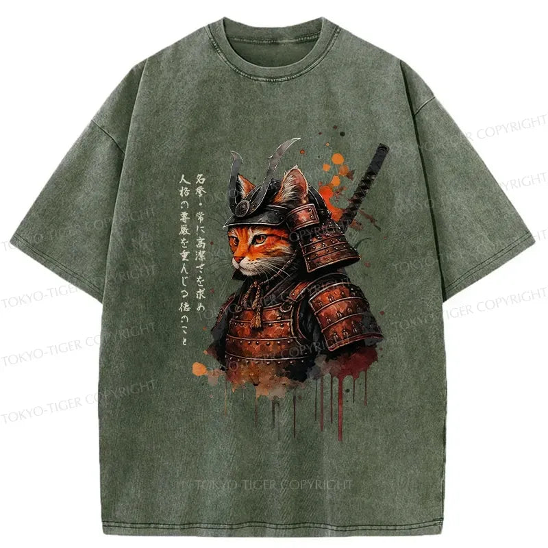 Kyoto-Lion Vintage Samurai Cat Washed T-Shirt