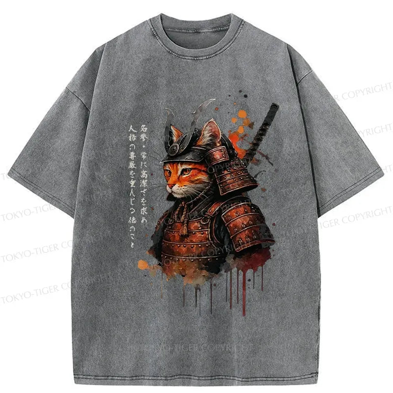 Kyoto-Lion Vintage Samurai Cat Washed T-Shirt
