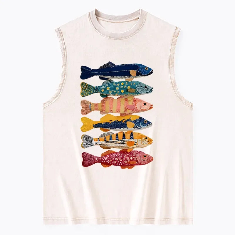 unisex washed tank top with fish art