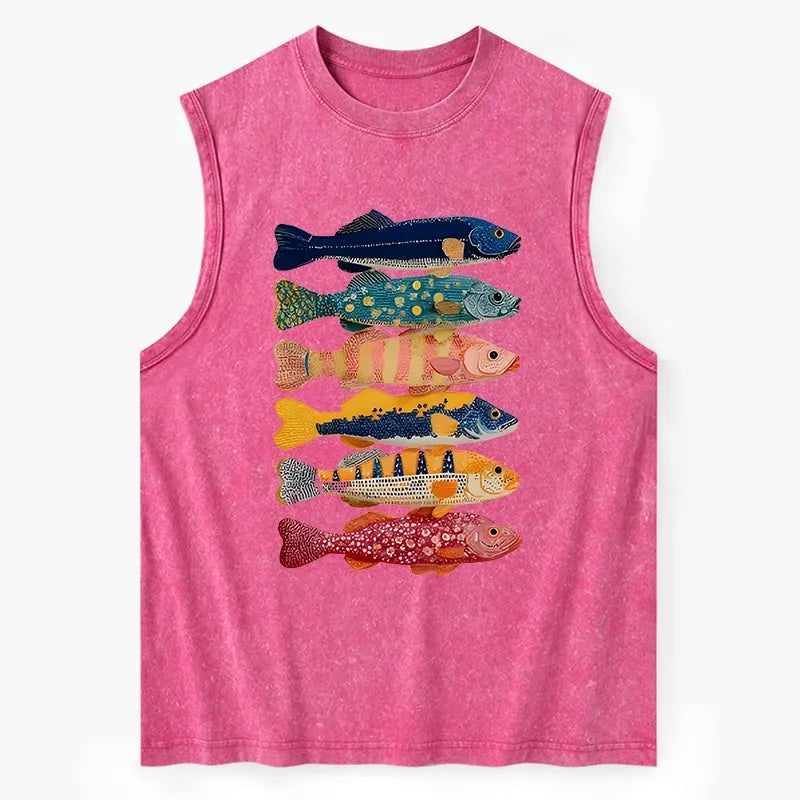 unisex washed tank top with fish art