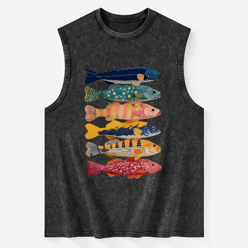unisex washed tank top with fish art