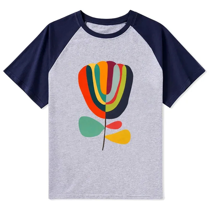Kyoto-Lion Colorful Flower Minimalist Print Raglan T-shirt