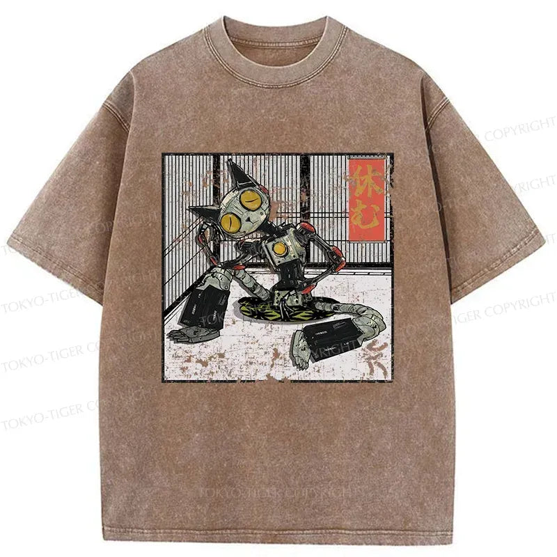 Kyoto-Lion Robot Cat Taking A Rest Washed T-Shirt