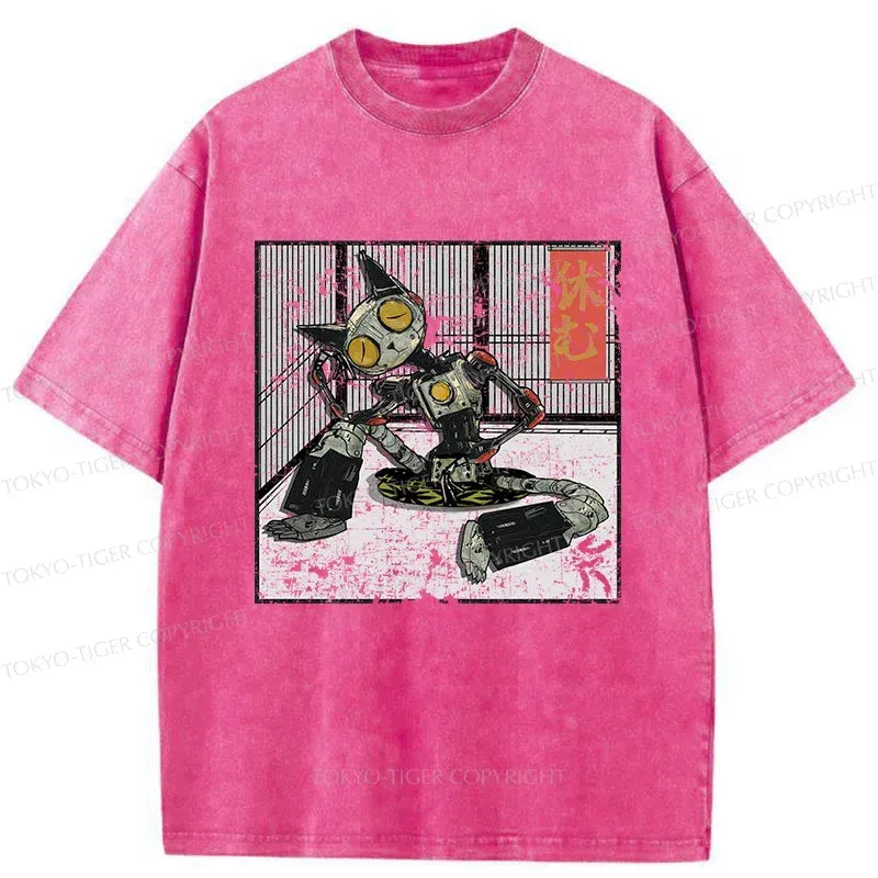 Japanese Robot Cat Washed T-Shirt