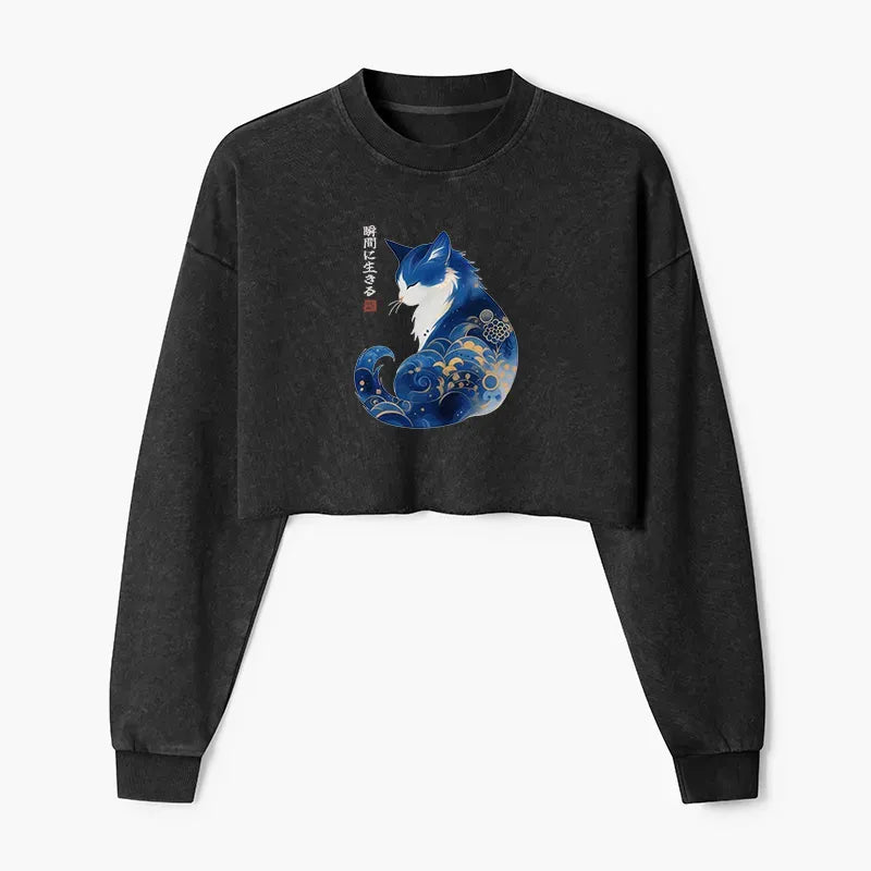 Kyoto-Lion Retro Zen Cat: Living the Present Washed Crop Sweatshirt
