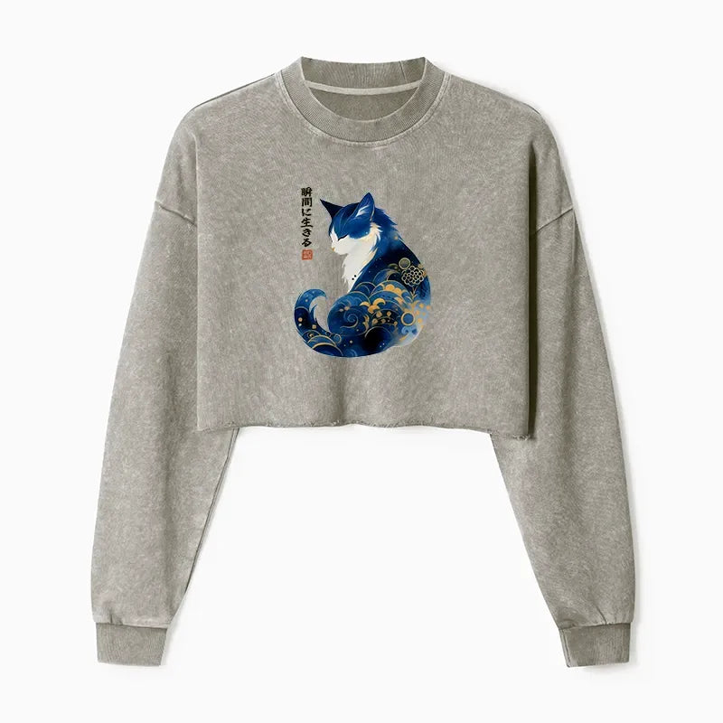 Japanese Zen Cat Washed Crop Sweatshirt for Women
