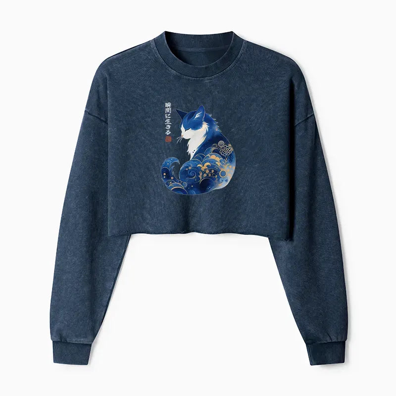 Kyoto-Lion Retro Zen Cat: Living the Present Washed Crop Sweatshirt
