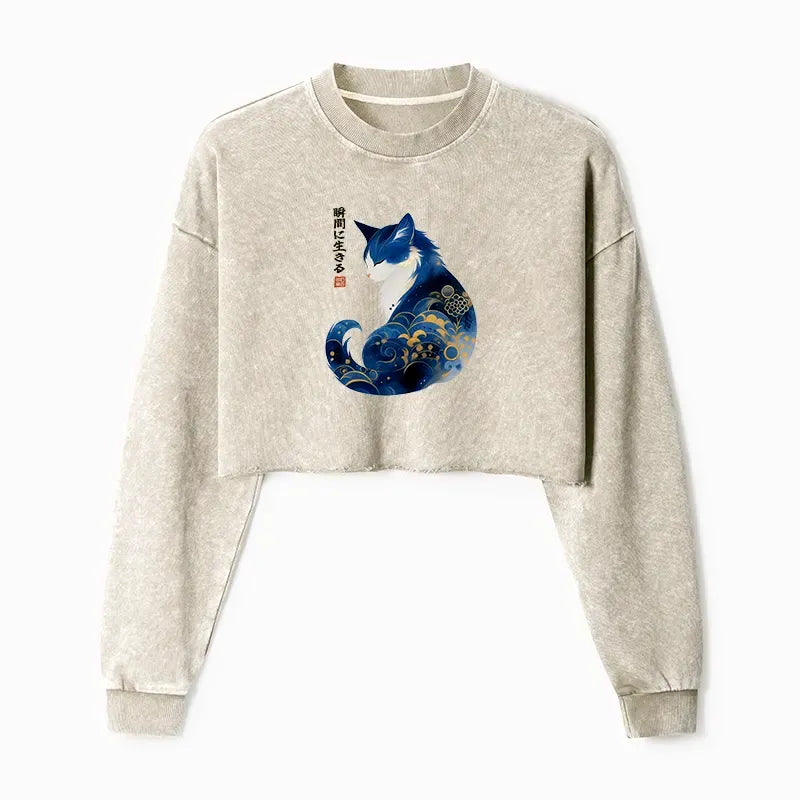 Ukiyo-e Cat Crop Sweatshirt with Free Shipping