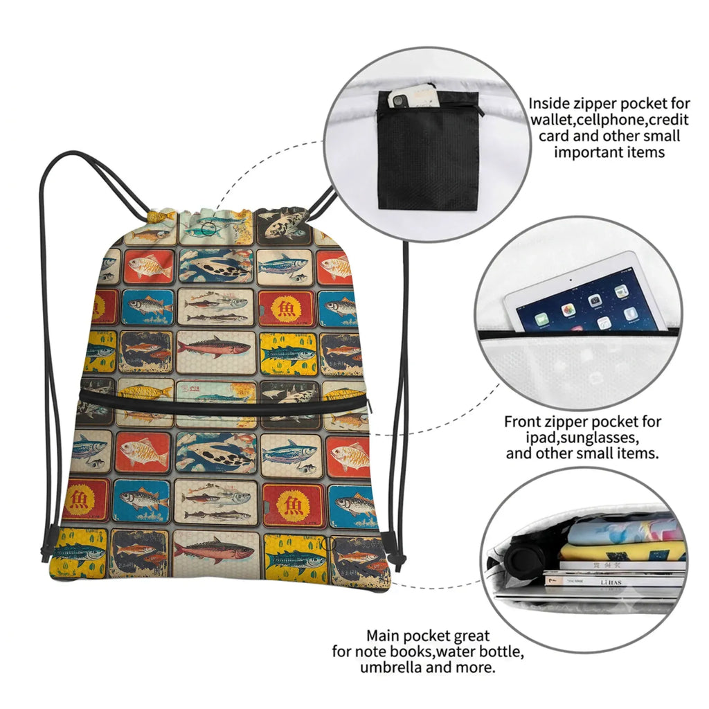vintage japanese fish drawstring backpack
