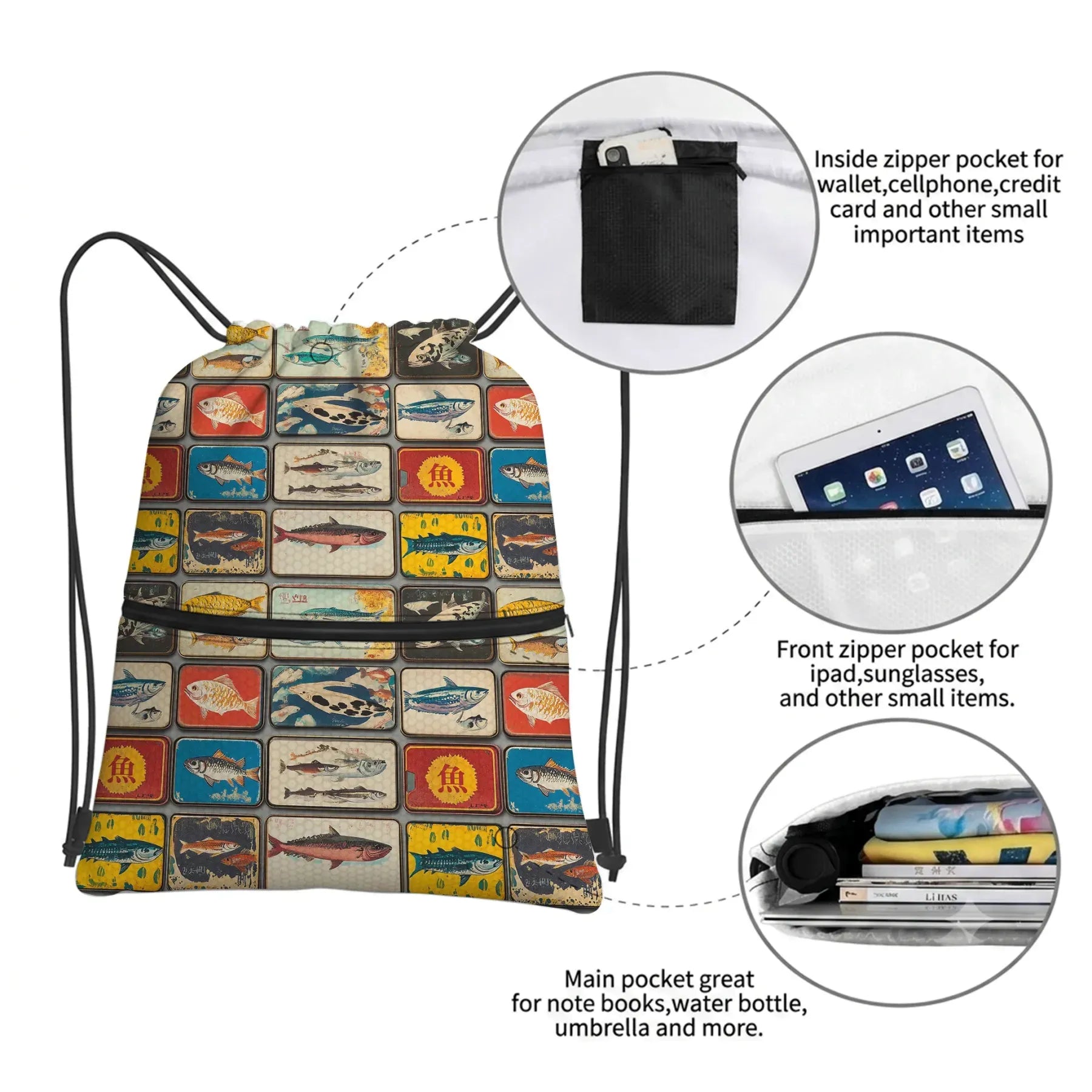 vintage japanese fish drawstring backpack