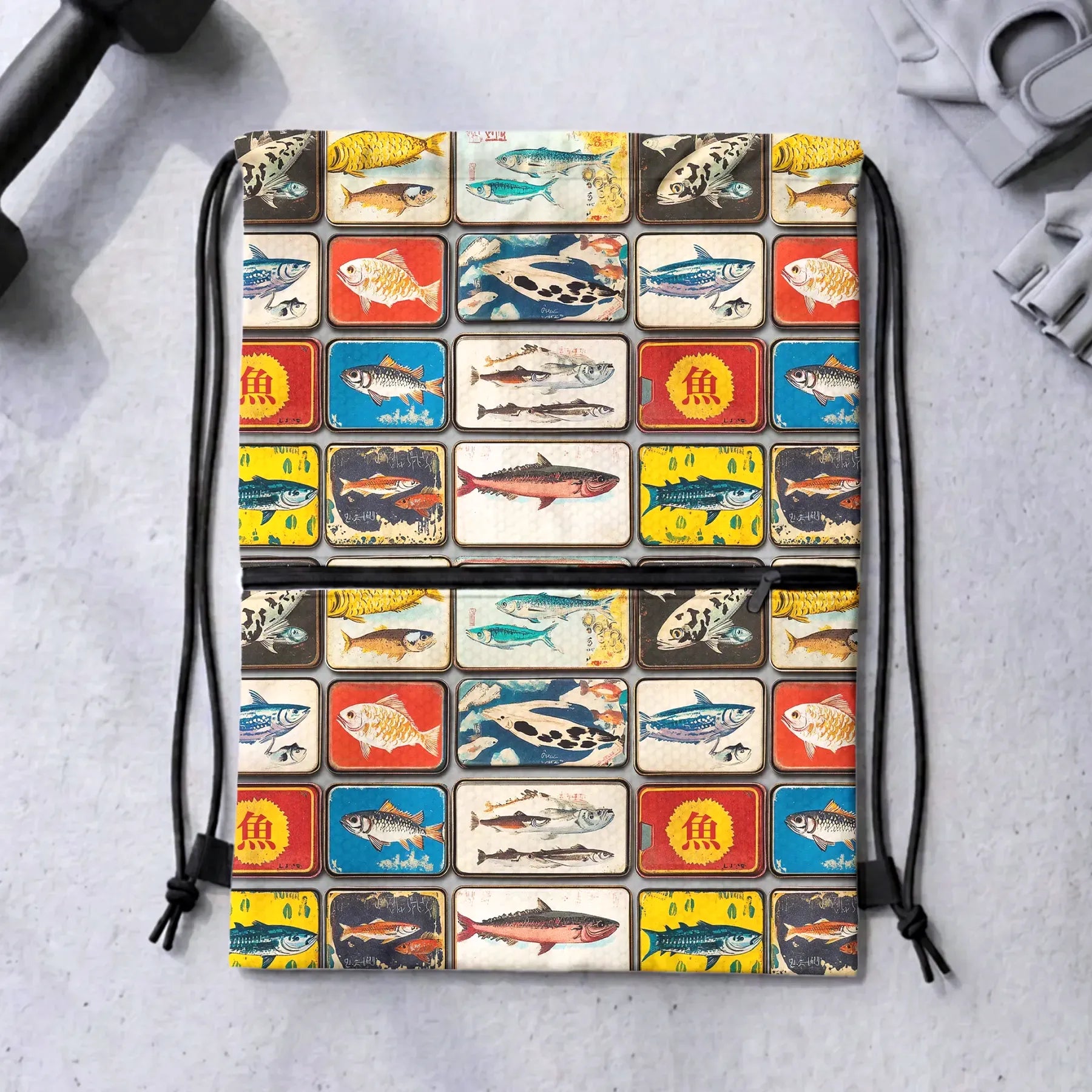 vintage japanese fish drawstring backpack