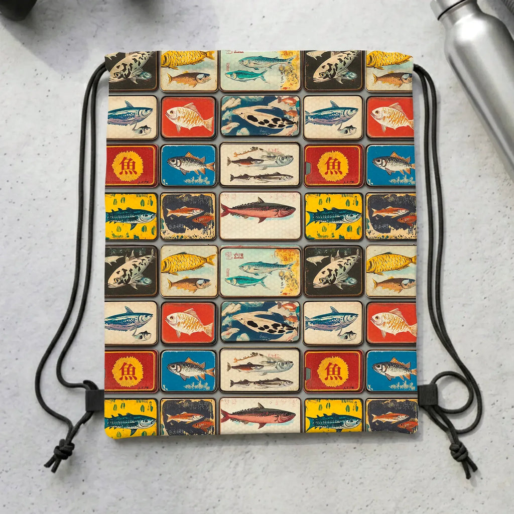 vintage japanese fish drawstring backpack