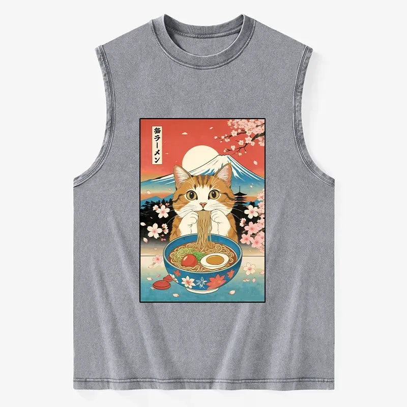 Kyoto-Lion Funny Orange Cat Eating Ramen Japan Washed Tank