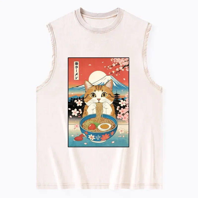 Kyoto-Lion Funny Orange Cat Eating Ramen Japan Washed Tank