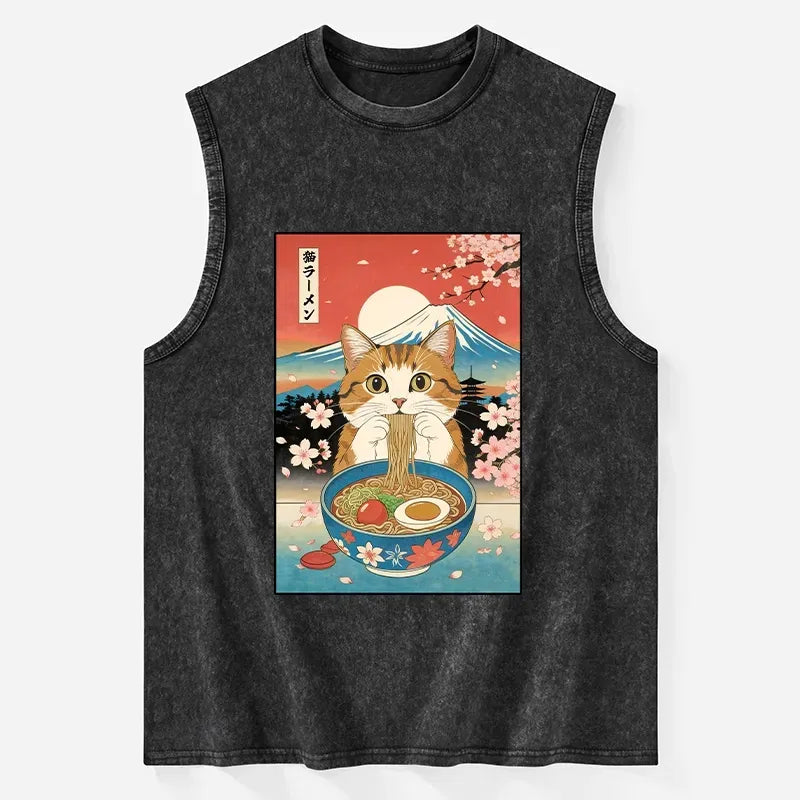 Kyoto-Lion Funny Orange Cat Eating Ramen Japan Washed Tank