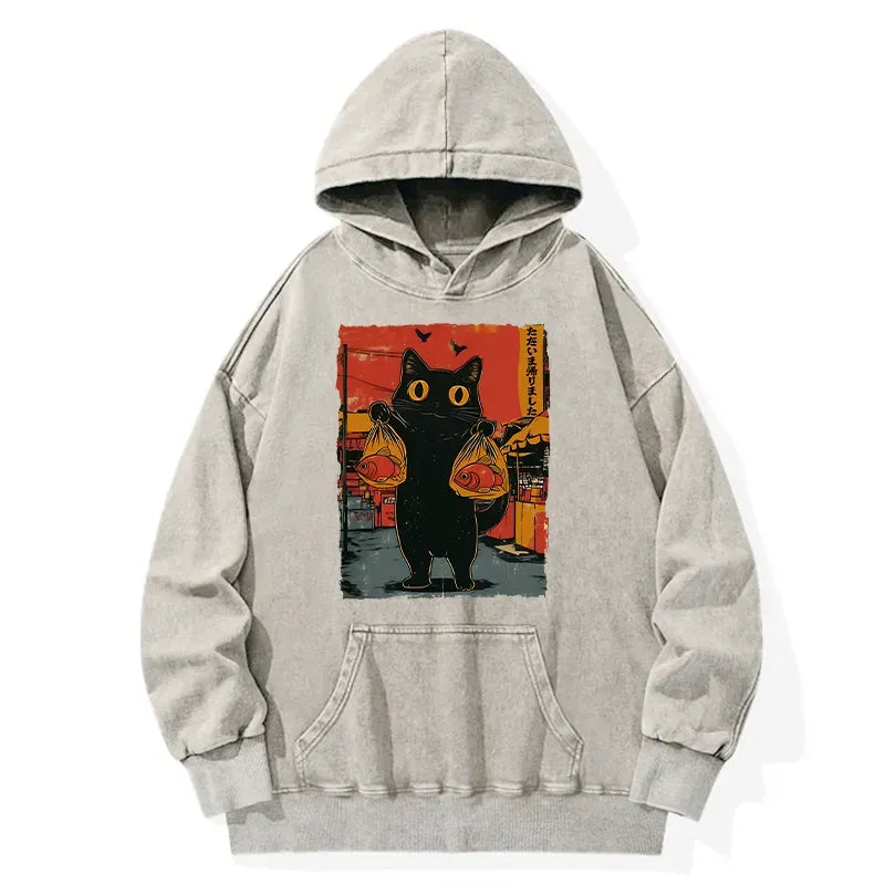 Japanese Washed Cat Hoodie for Streetwear